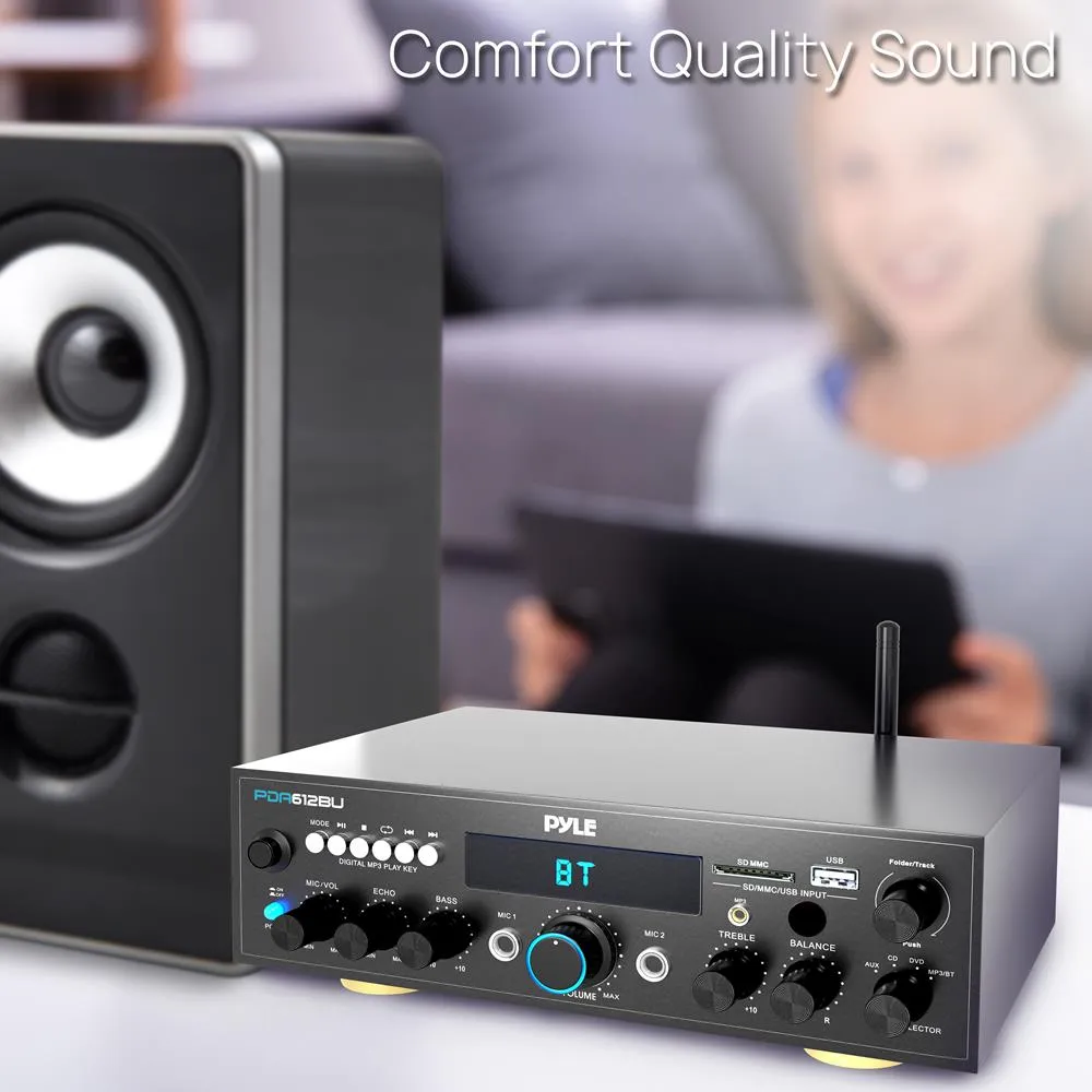 Compact Bluetooth Stereo Amplifier - Desktop Audio Power Amp Receiver With Fm Radio, Mp3/Usb/Sd Readers, Digital Lcd Display, Microphone Input (200 Watt).