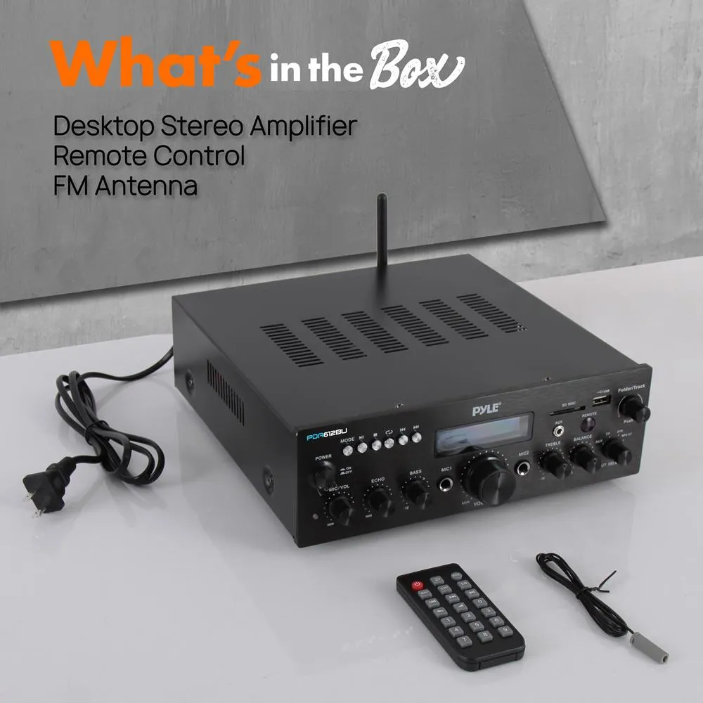 Compact Bluetooth Stereo Amplifier - Desktop Audio Power Amp Receiver With Fm Radio, Mp3/Usb/Sd Readers, Digital Lcd Display, Microphone Input (200 Watt).