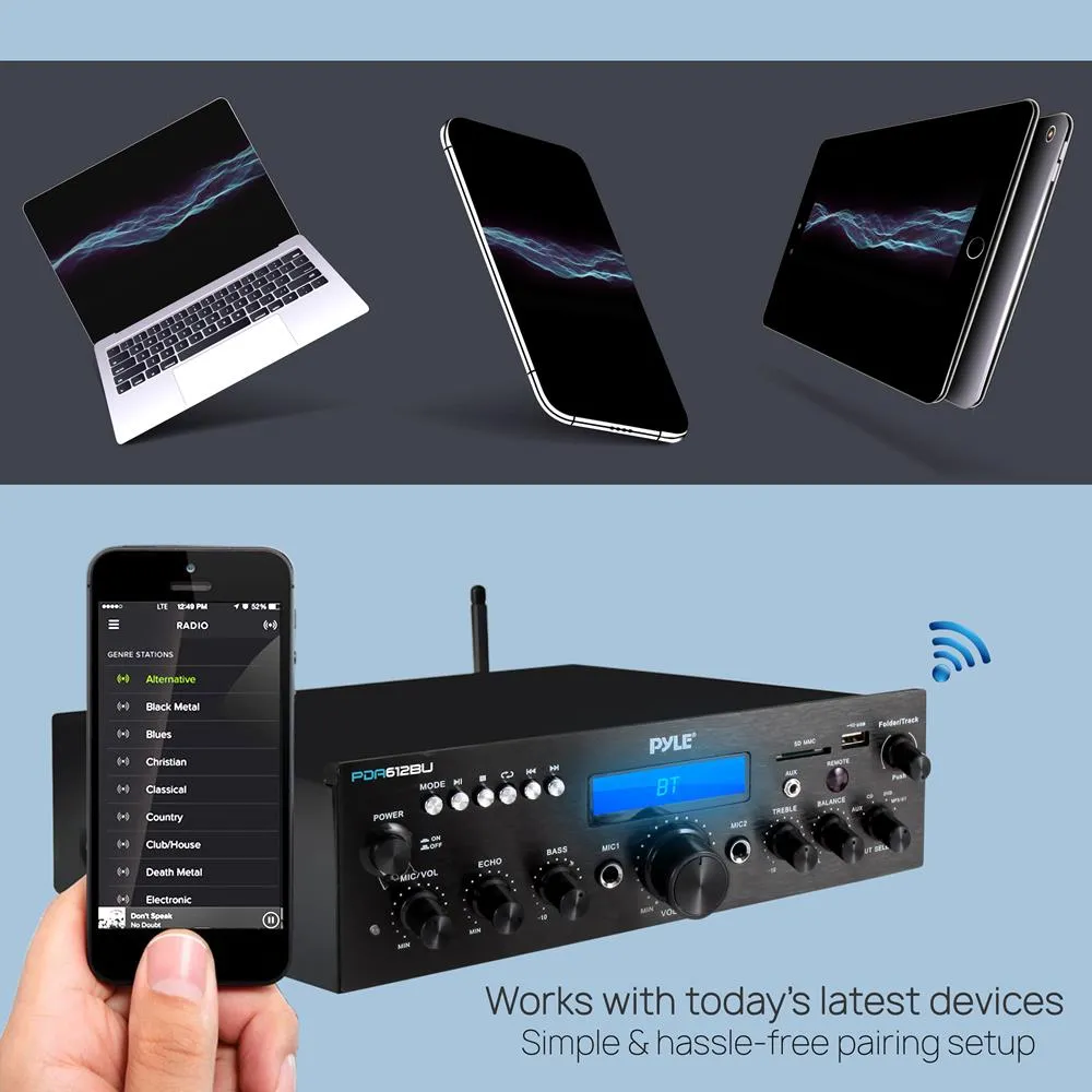 Compact Bluetooth Stereo Amplifier - Desktop Audio Power Amp Receiver With Fm Radio, Mp3/Usb/Sd Readers, Digital Lcd Display, Microphone Input (200 Watt).