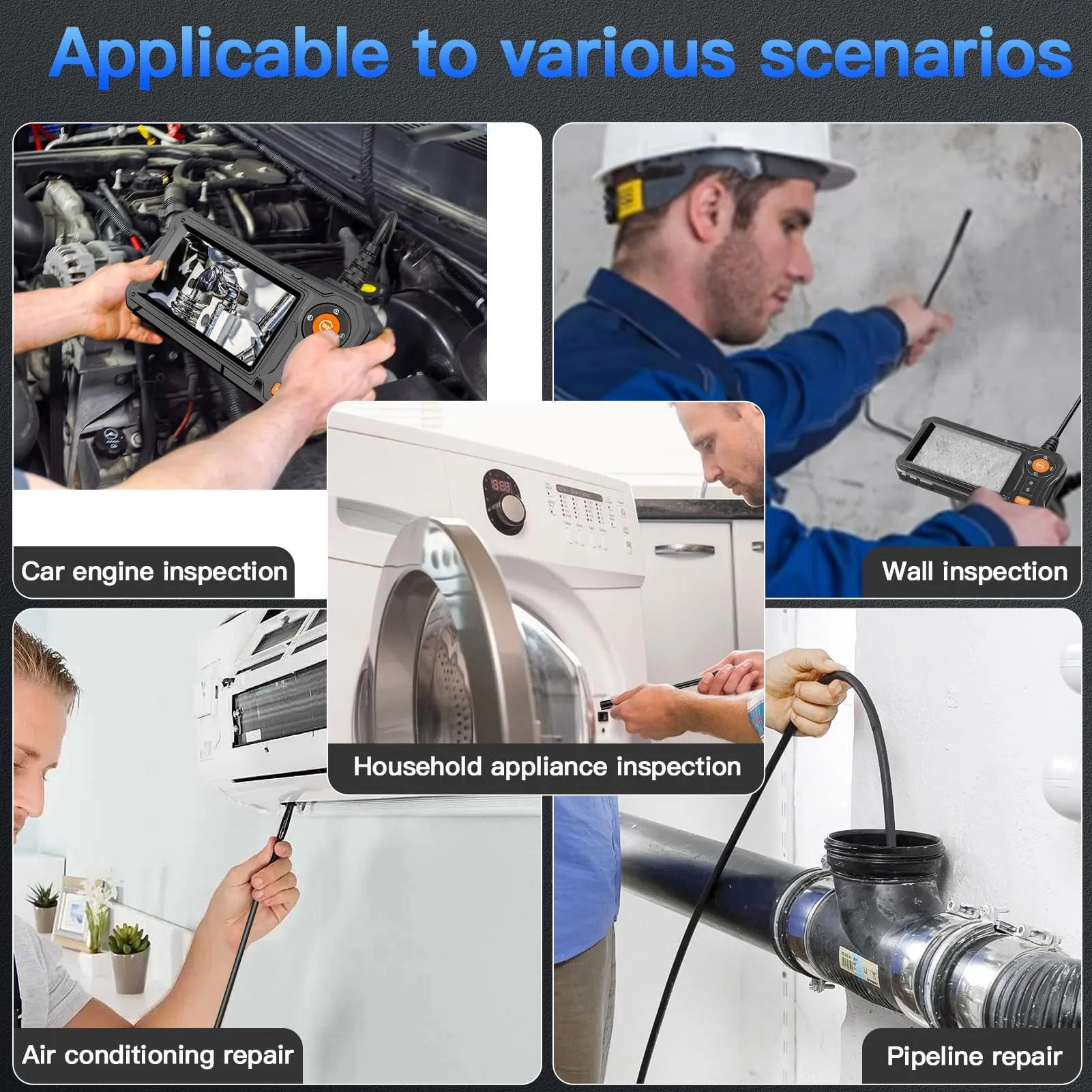Endoscope Camera with Light, HD 1080P Borescope Camera with 8 Adjustable LED Lights, IP67 Waterproof Inspection Camera Snake Camera with 16.5ft Semi-Rigid Cord, Cool Gadgets for Men