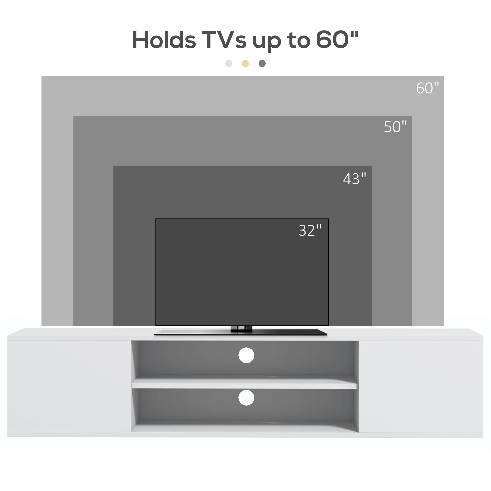 Floating TV Stand Cabinet for TVs up to 60", Wall Mounted TV Unit w/ Open Shelf, Storage Cupboards, Cable Management, White