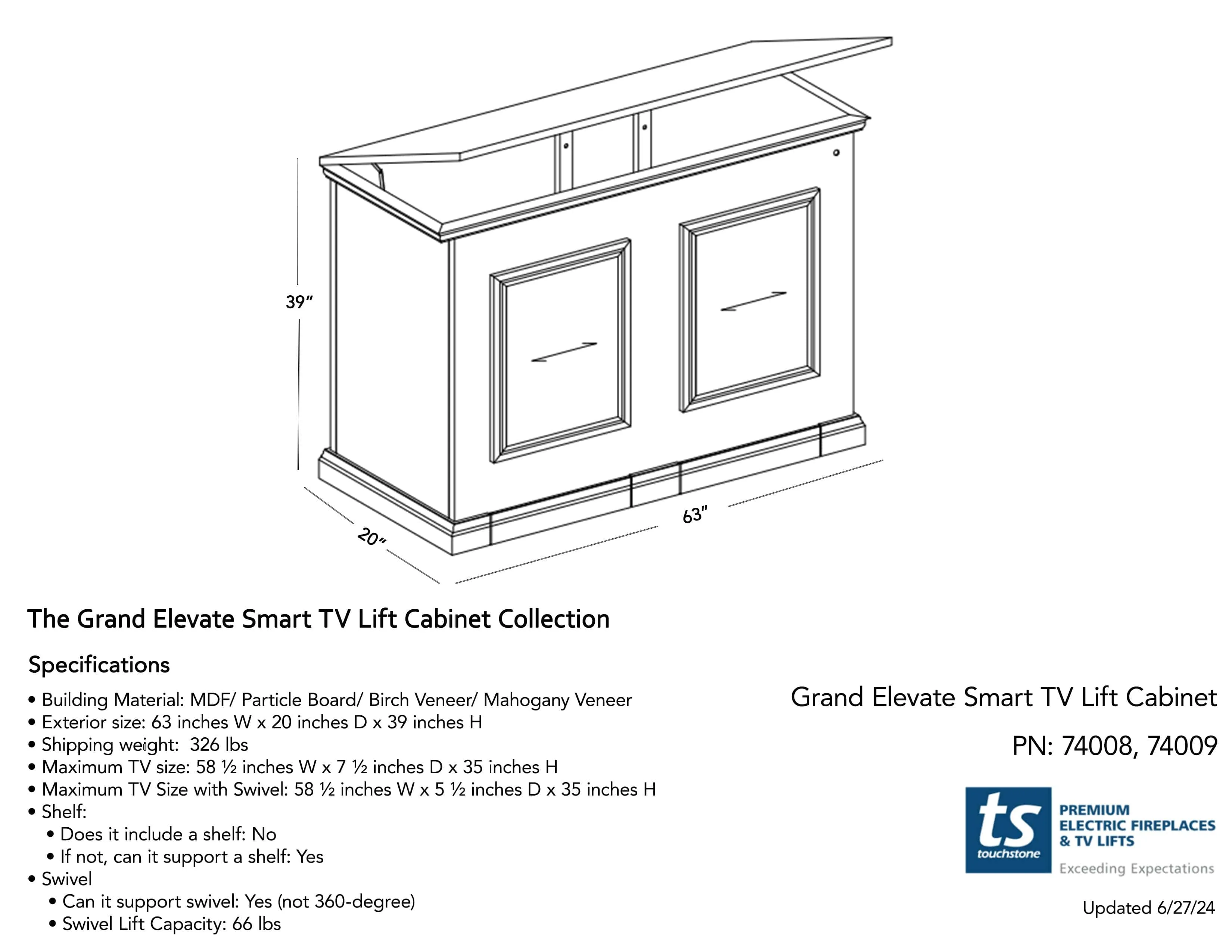 Grand Elevate 74009 Unfinished Smart TV Lift Cabinet for 65 Inch Flat screen TVs