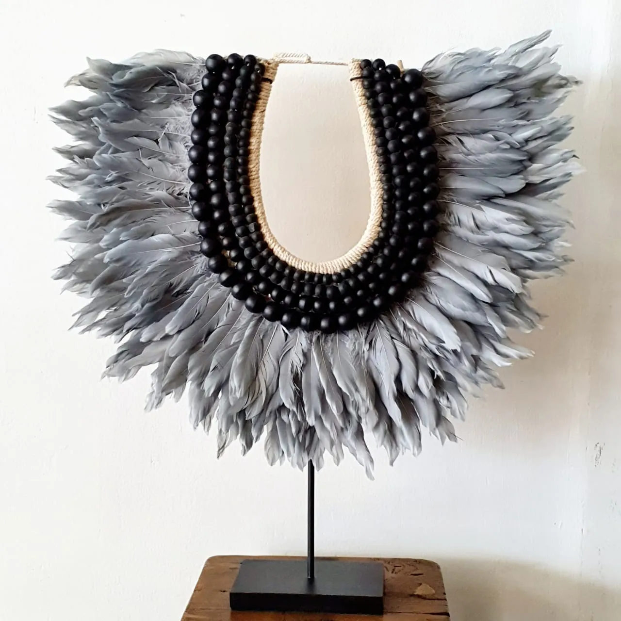 Grey Feather And Black Wooden Beads Necklace (W)