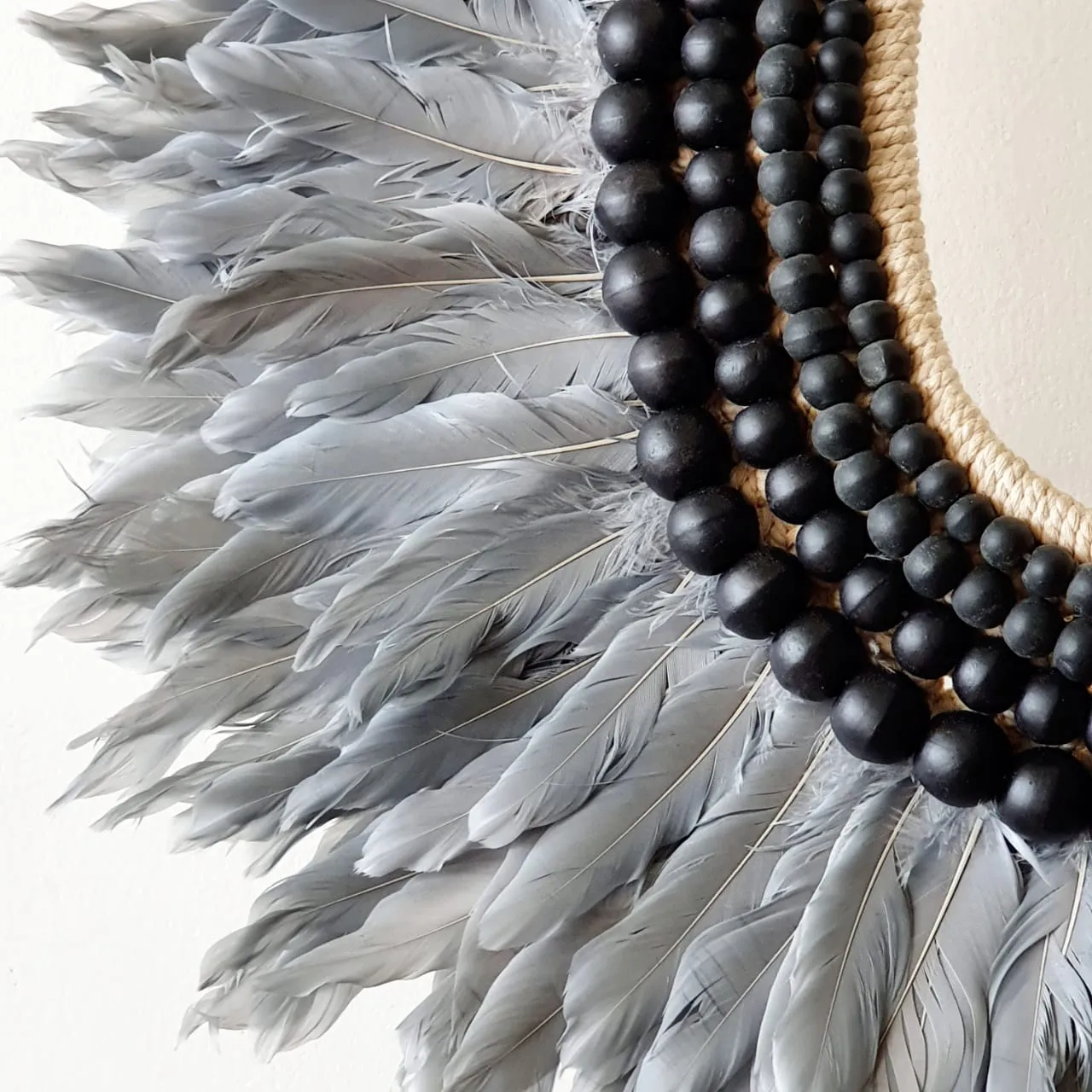 Grey Feather And Black Wooden Beads Necklace (W)