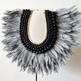 Grey Feather And Black Wooden Beads Necklace (W)