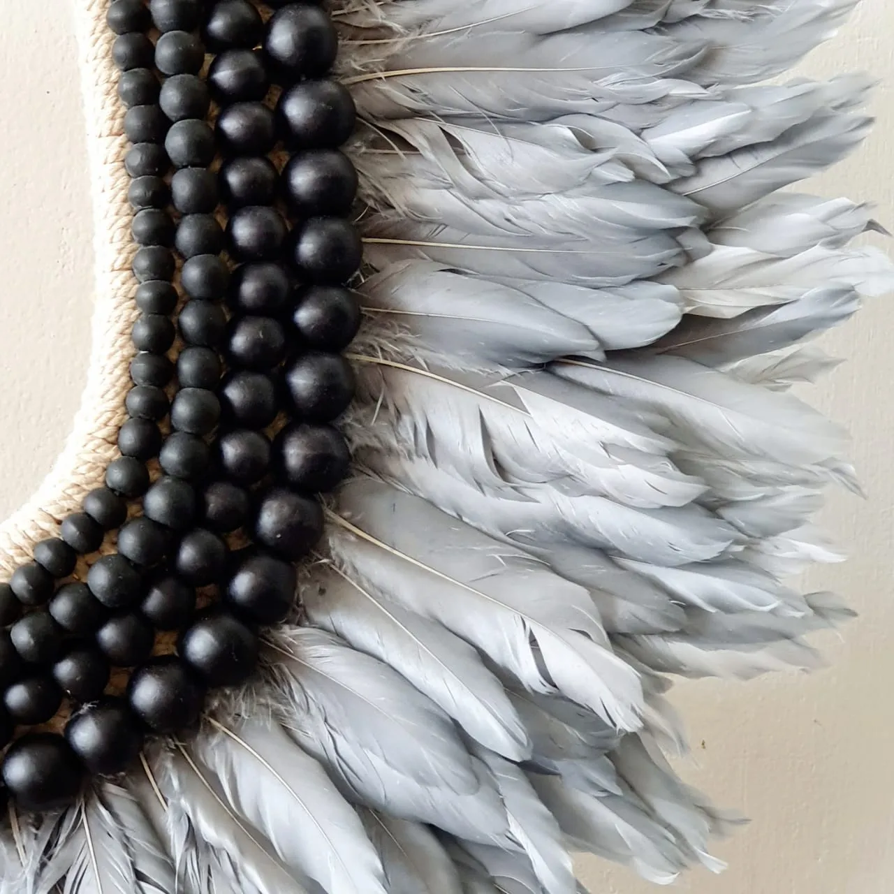 Grey Feather And Black Wooden Beads Necklace (W)