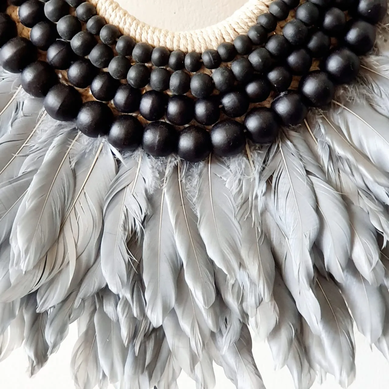 Grey Feather And Black Wooden Beads Necklace (W)