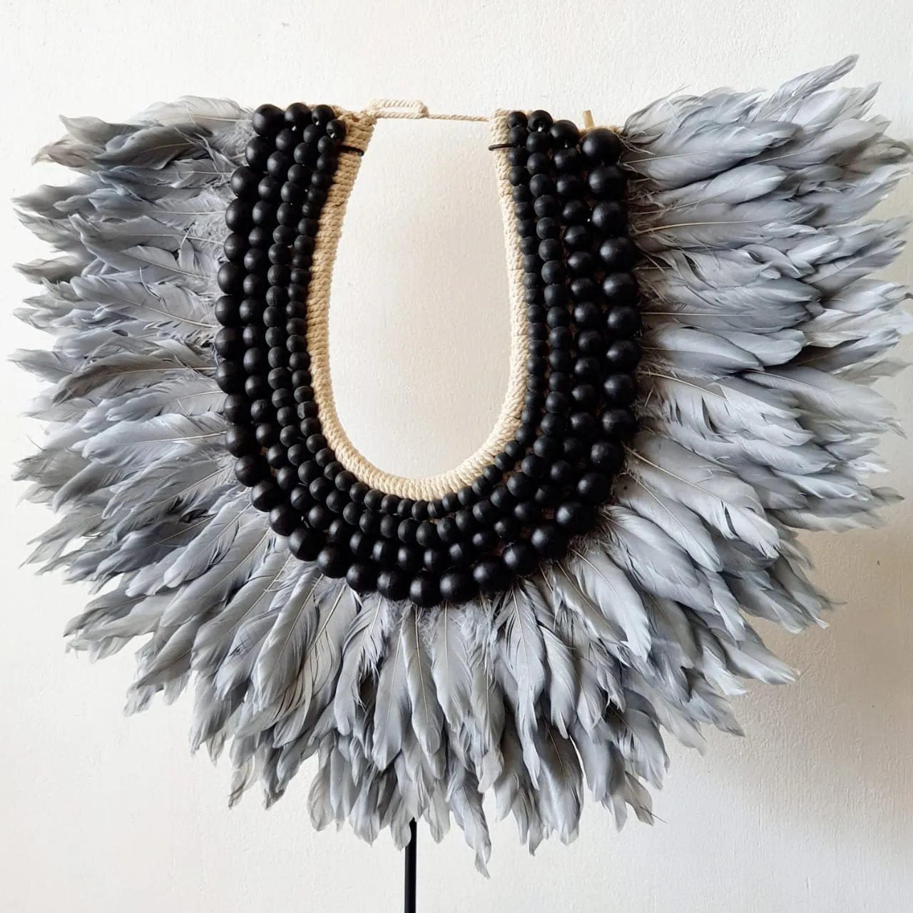Grey Feather And Black Wooden Beads Necklace (W)
