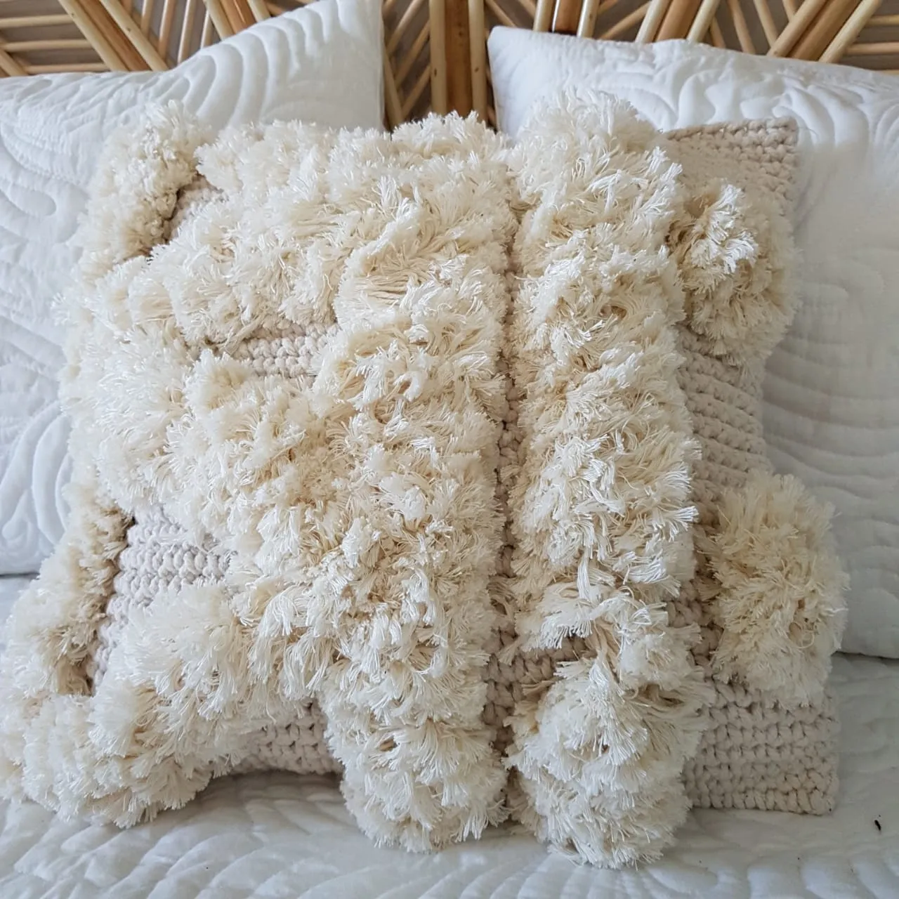 Knitted Macrame Cushion With Fluffy Soft Poms