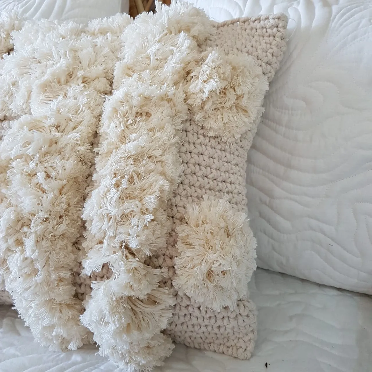 Knitted Macrame Cushion With Fluffy Soft Poms