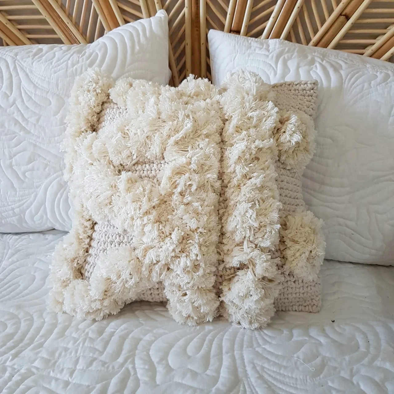 Knitted Macrame Cushion With Fluffy Soft Poms