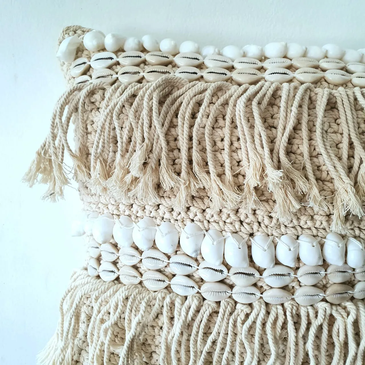 Knitted Macrame Cushion With Shell & Fringes