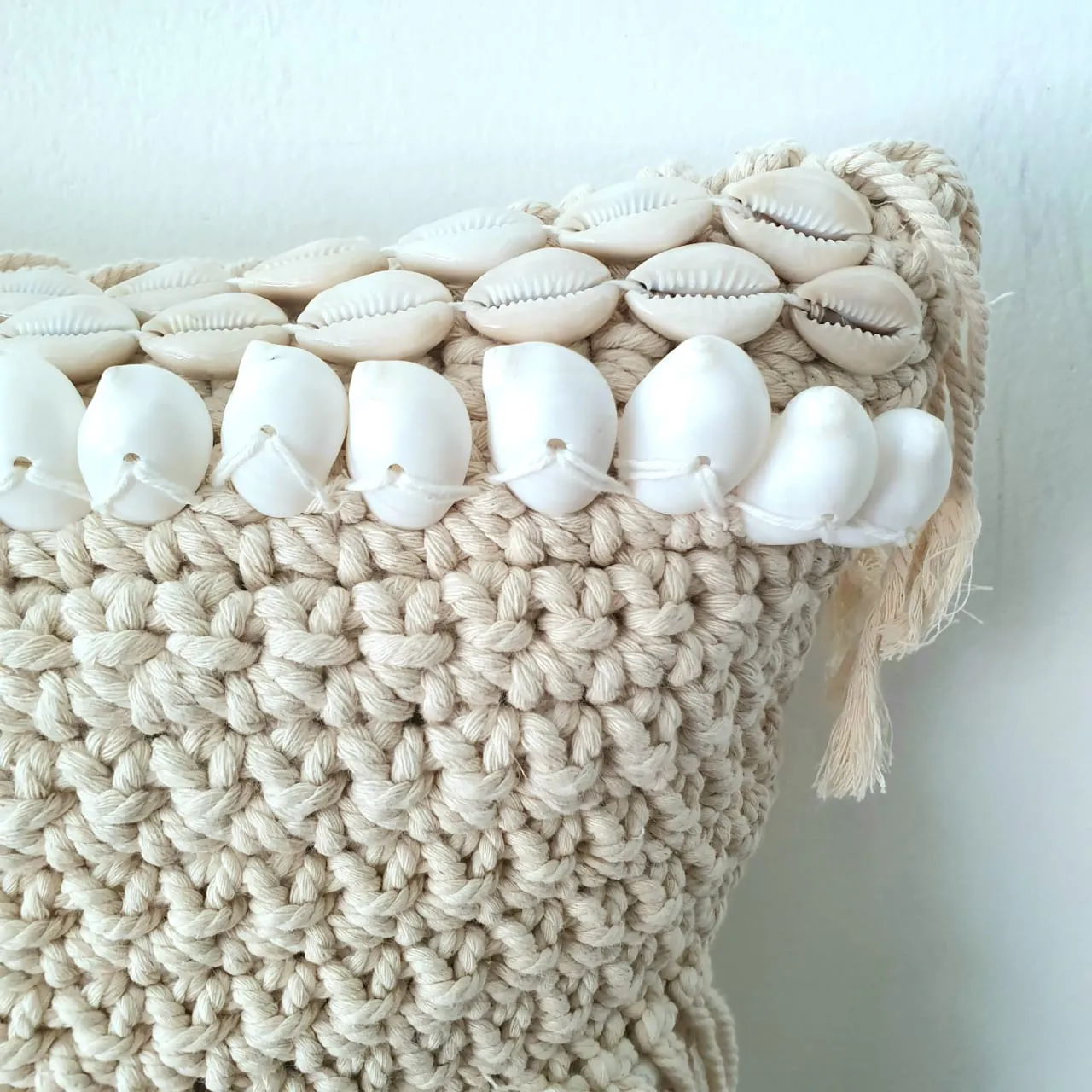 Knitted Macrame Cushion With Shell & Fringes
