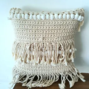 Knitted Macrame Cushion With Shell & Fringes