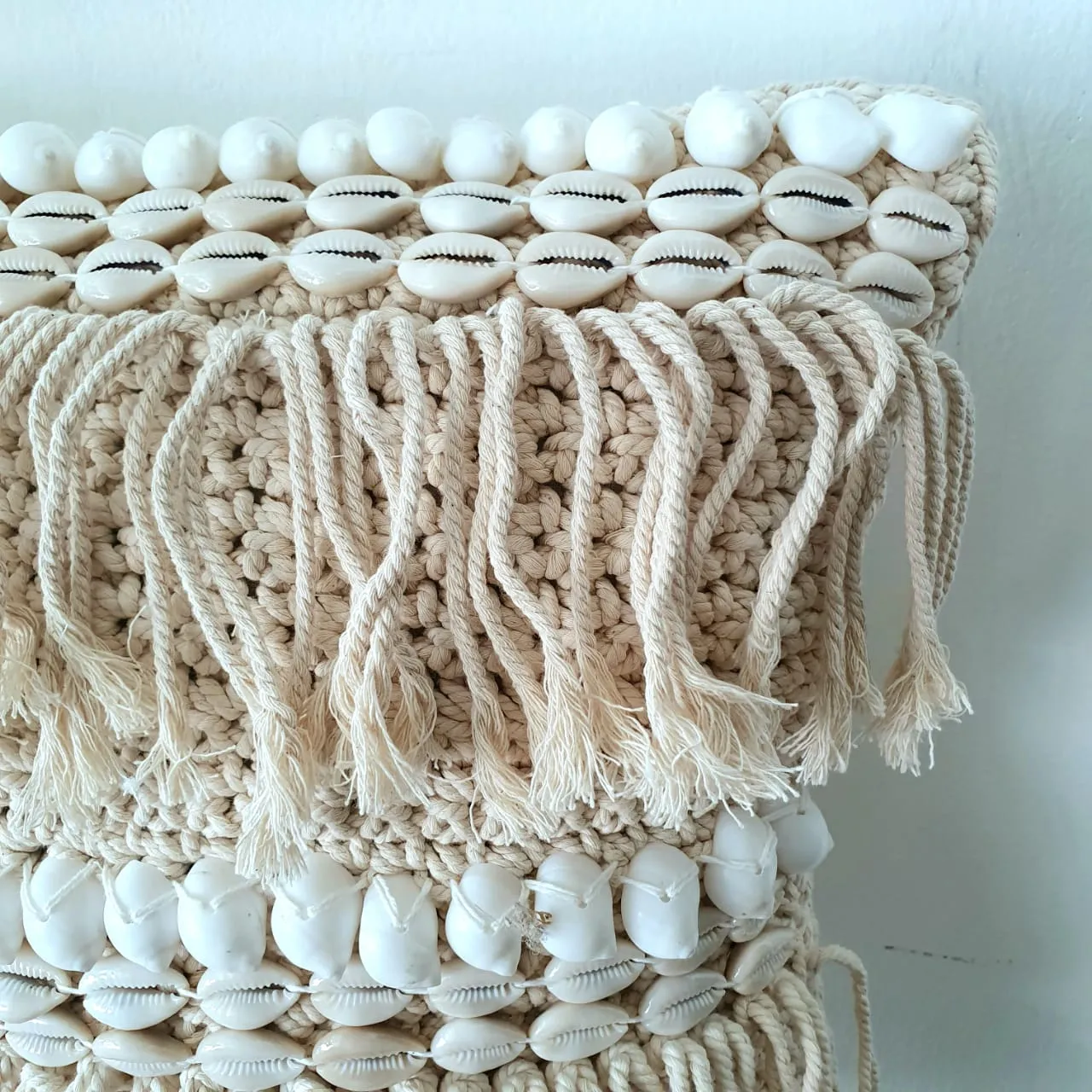 Knitted Macrame Cushion With Shell & Fringes