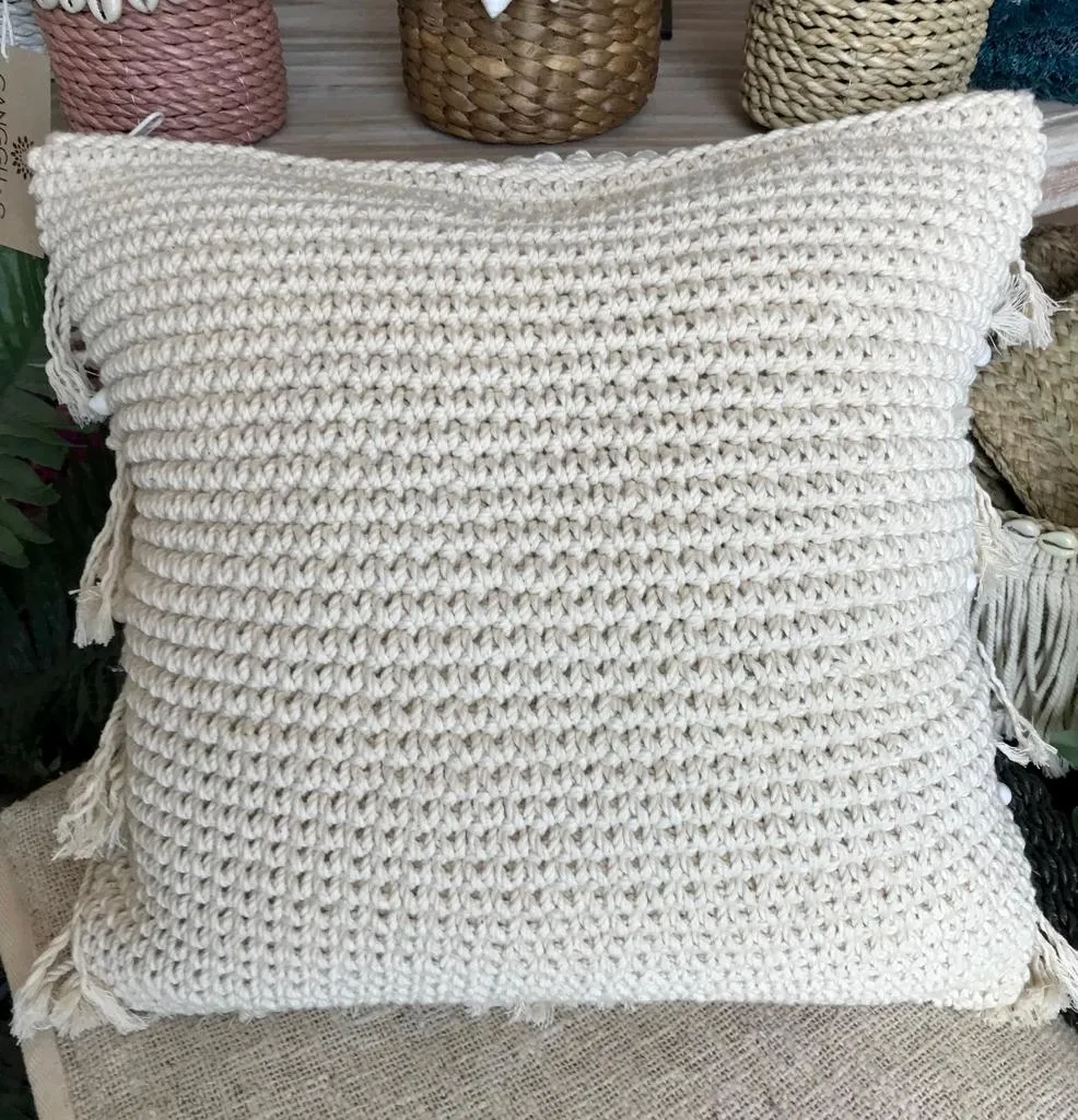 Knitted Macrame Cushion With Shell Lines & Fringes