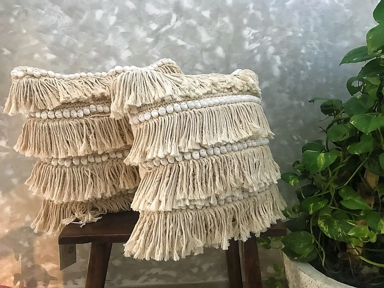 Knitted Macrame Cushion With Shell Lines & Fringes