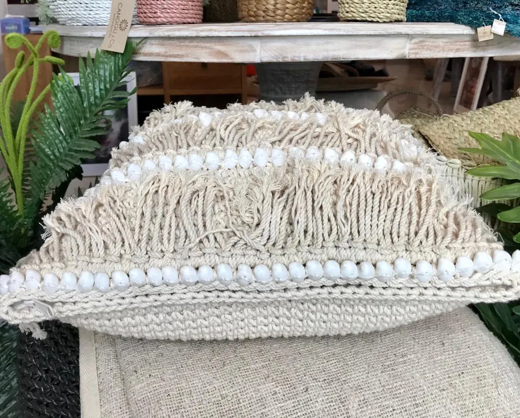 Knitted Macrame Cushion With Shell Lines & Fringes