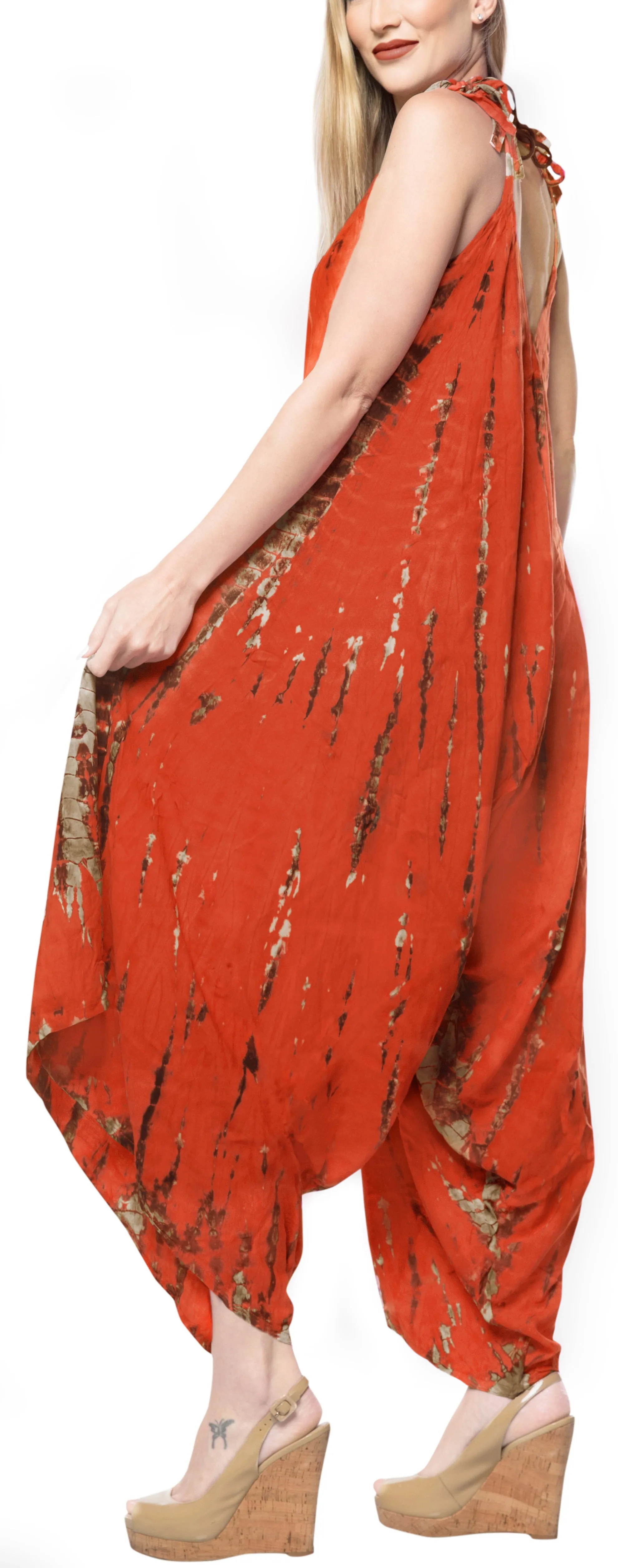 LA LEELA Beach Dress Tie Dye Womens Work Casual Stretchy OSFM 14-16  Orange_3469