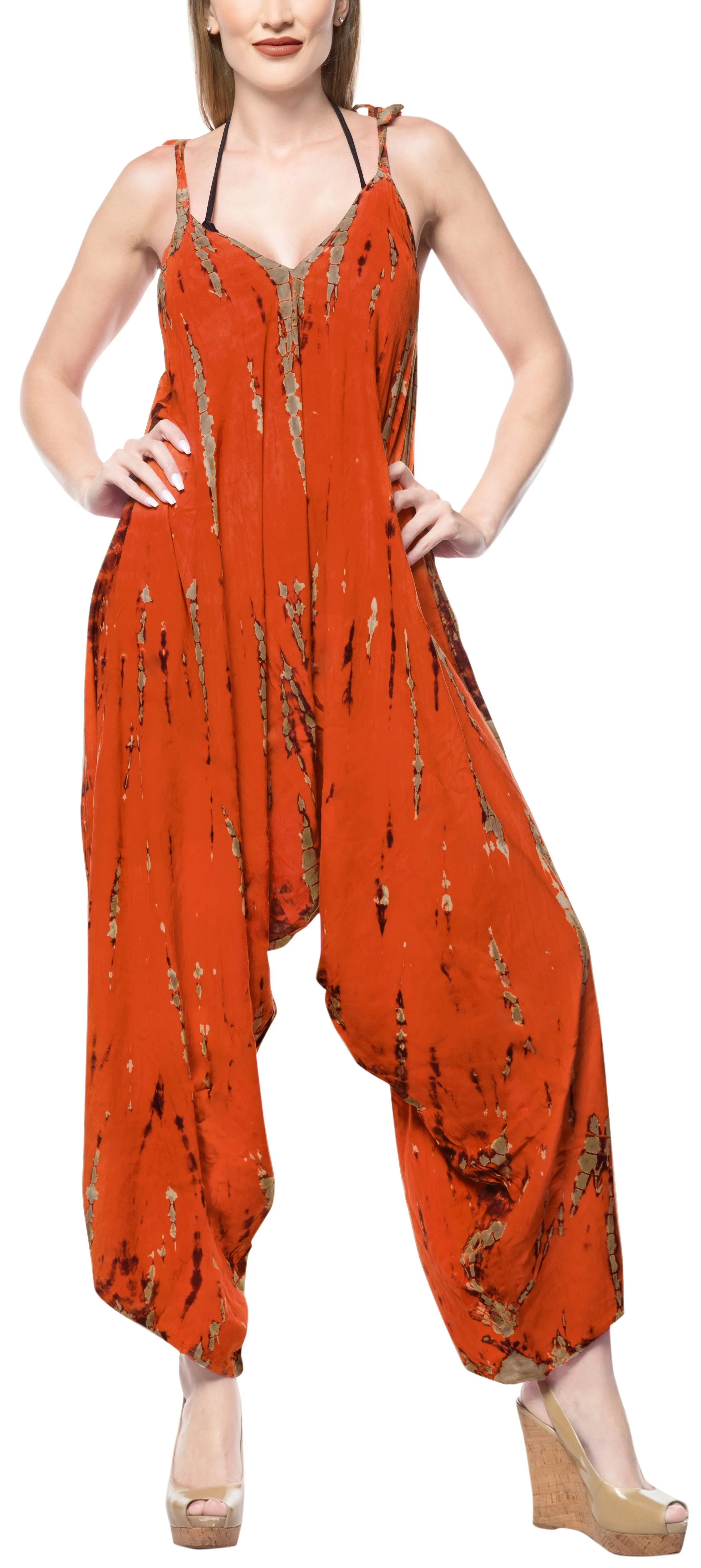 LA LEELA Beach Dress Tie Dye Womens Work Casual Stretchy OSFM 14-16  Orange_3469