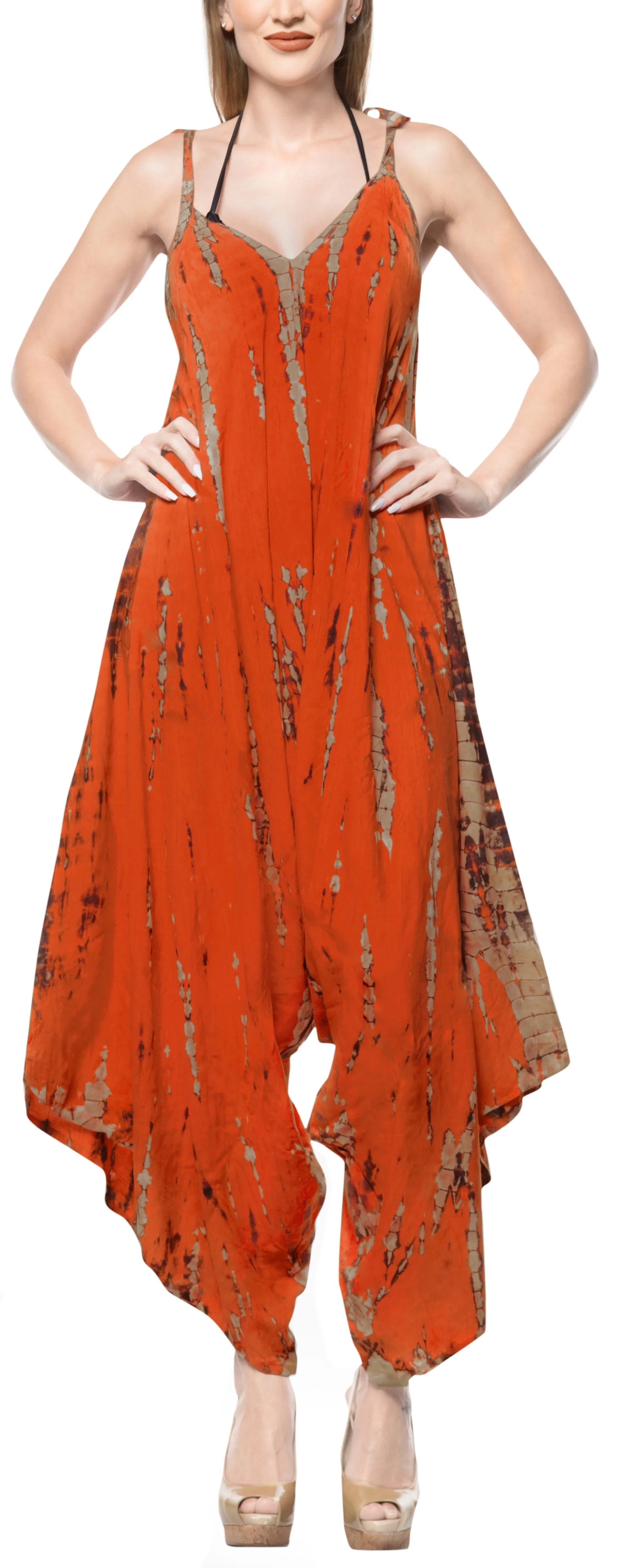 LA LEELA Beach Dress Tie Dye Womens Work Casual Stretchy OSFM 14-16  Orange_3469
