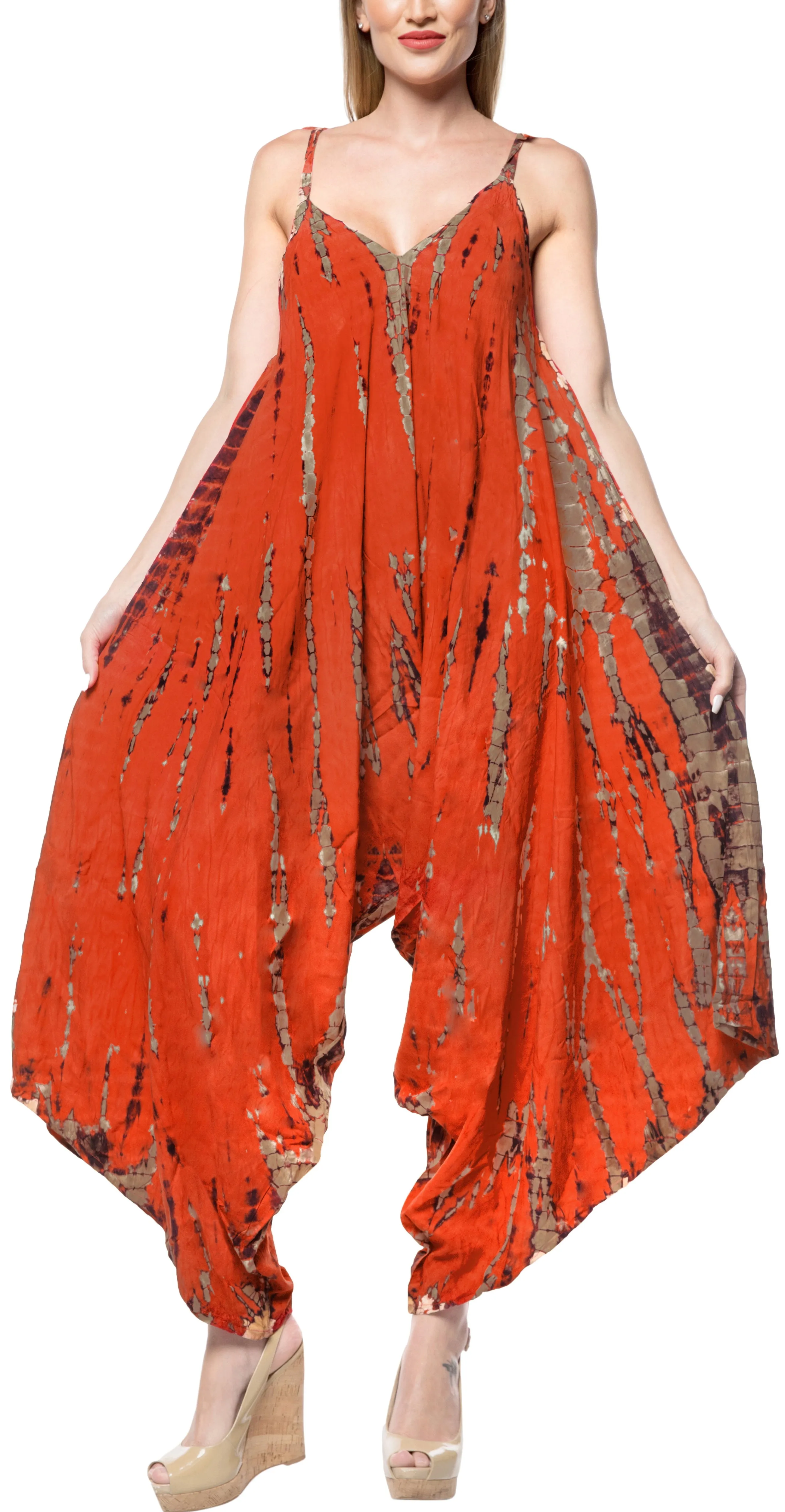 LA LEELA Beach Dress Tie Dye Womens Work Casual Stretchy OSFM 14-16  Orange_3469