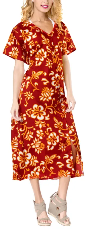 LA LEELA Casual DRESS Beach Cover up Rayon Tie Dye Cover Up Womens Swimsuit Blood Red_B360