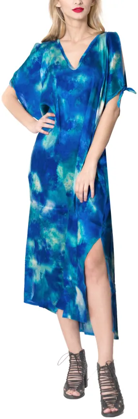 LA LEELA Casual DRESS Beach Cover up Rayon Tie Dye Cover Up Womens Swimsuit Blue_B629