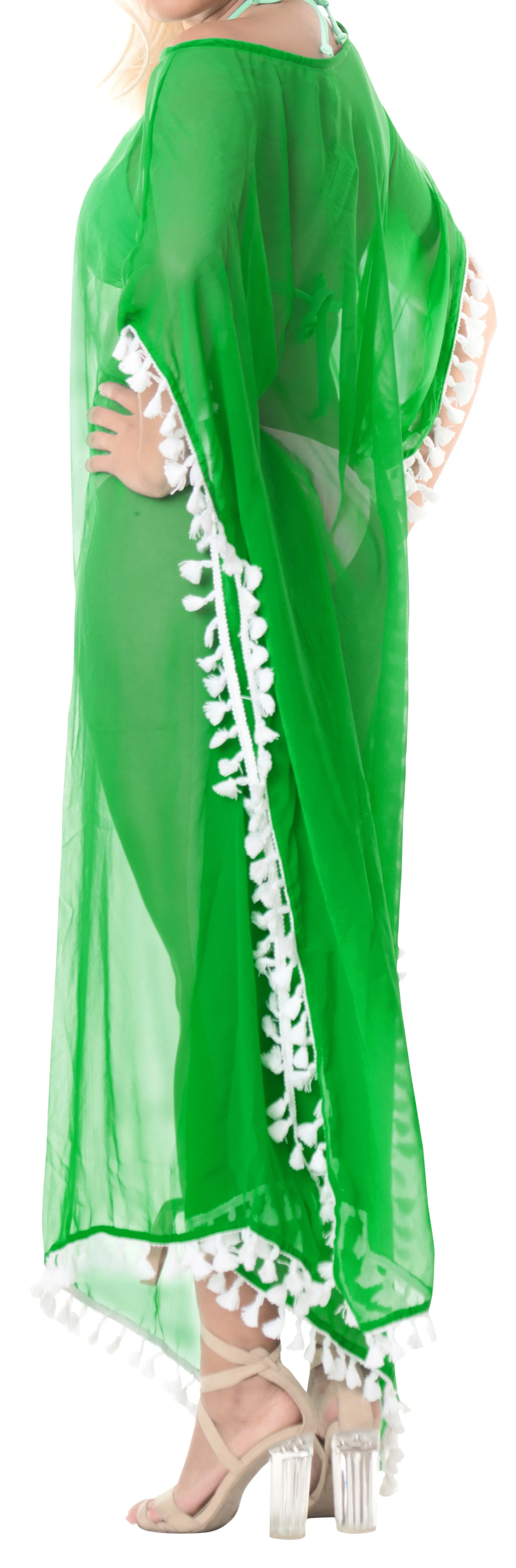 LA LEELA Chiffon Solid Long Caftan Vacation Girls Green_4111 OSFM 14-18W [L-2X]