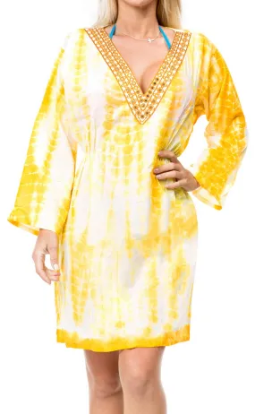 LA LEELA Cotton Tie_Dye Short Caftan Vacation Dress Yellow_J924