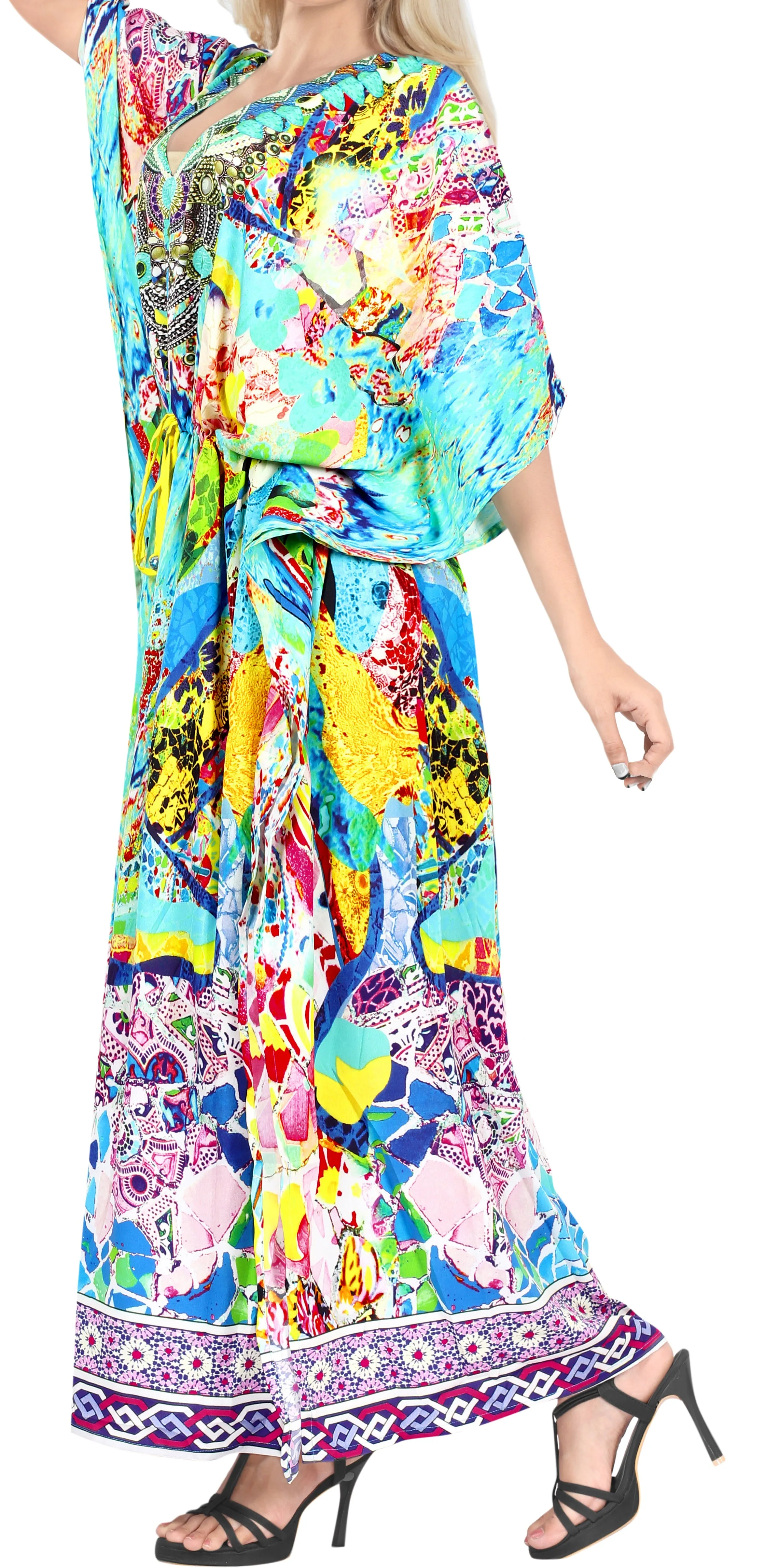 LA LEELA Likre Digital Long Caftan Women's Multicolor_770 OSFM 14-22W [L-3X] Multicolor_A968
