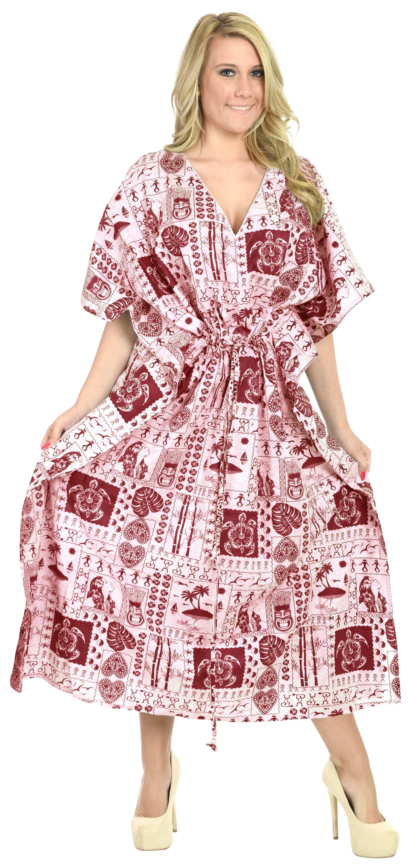 LA LEELA Lounge Caftan Likre Printed Resort Wear Kaftan Blouse Beach Dress Designer Cover ups Blood Red_S291