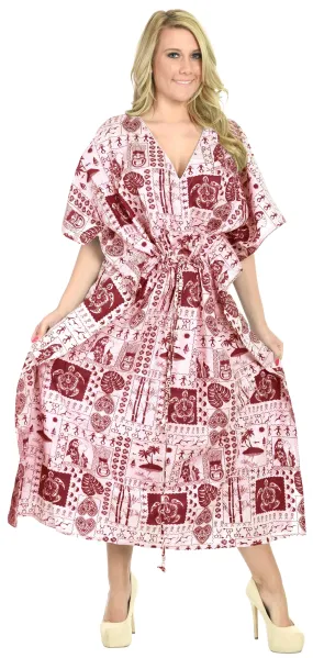 LA LEELA Lounge Caftan Likre Printed Resort Wear Kaftan Blouse Beach Dress Designer Cover ups Blood Red_S291