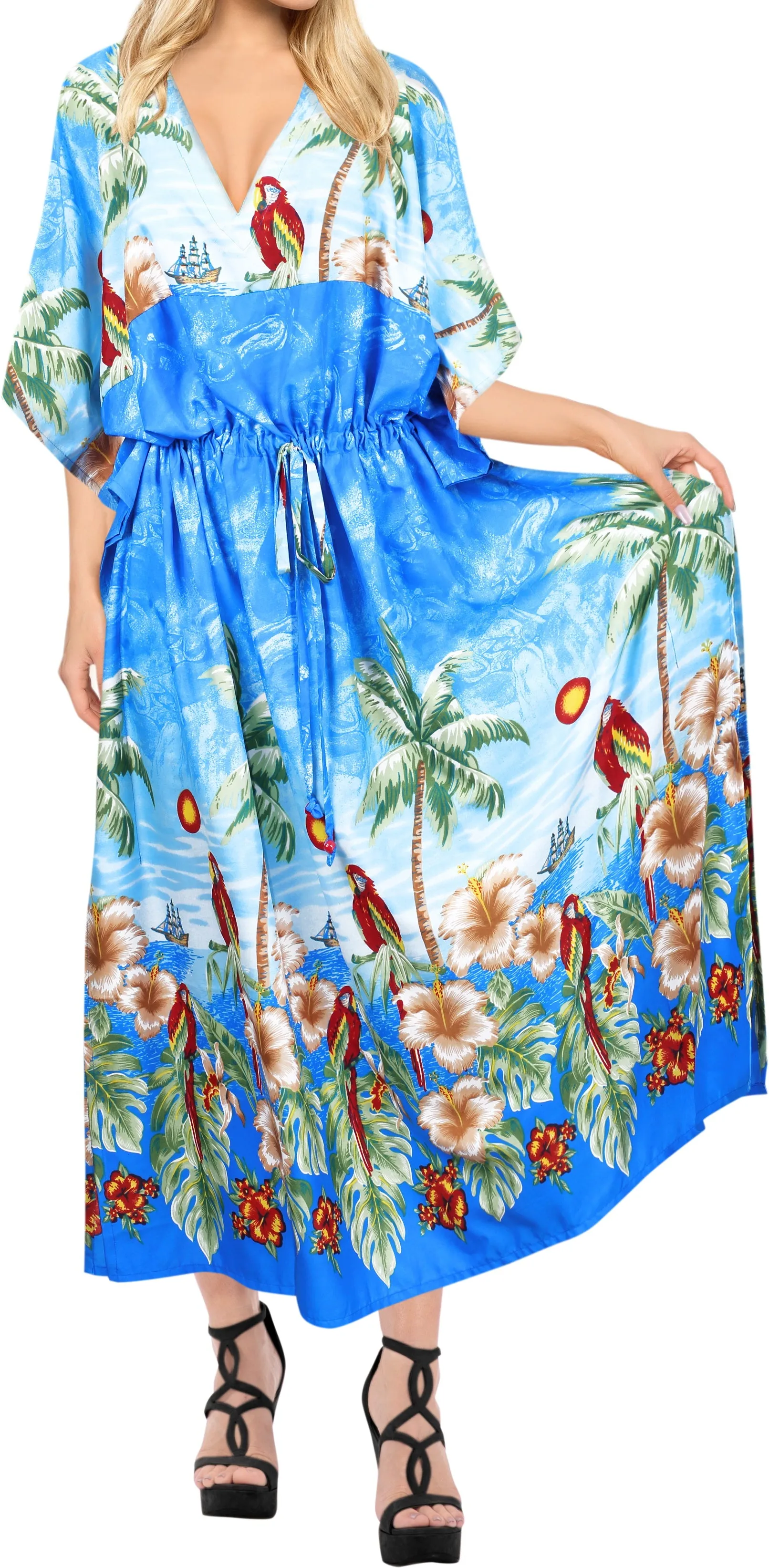 LA LEELA Lounge Caftan Likre Printed Resort Wear Kaftan Blouse Beach Dress Designer Cover ups Blue_M691