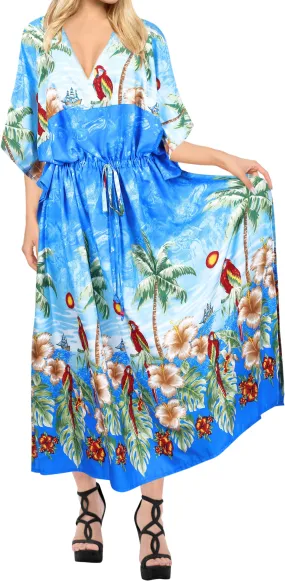 LA LEELA Lounge Caftan Likre Printed Resort Wear Kaftan Blouse Beach Dress Designer Cover ups Blue_M691