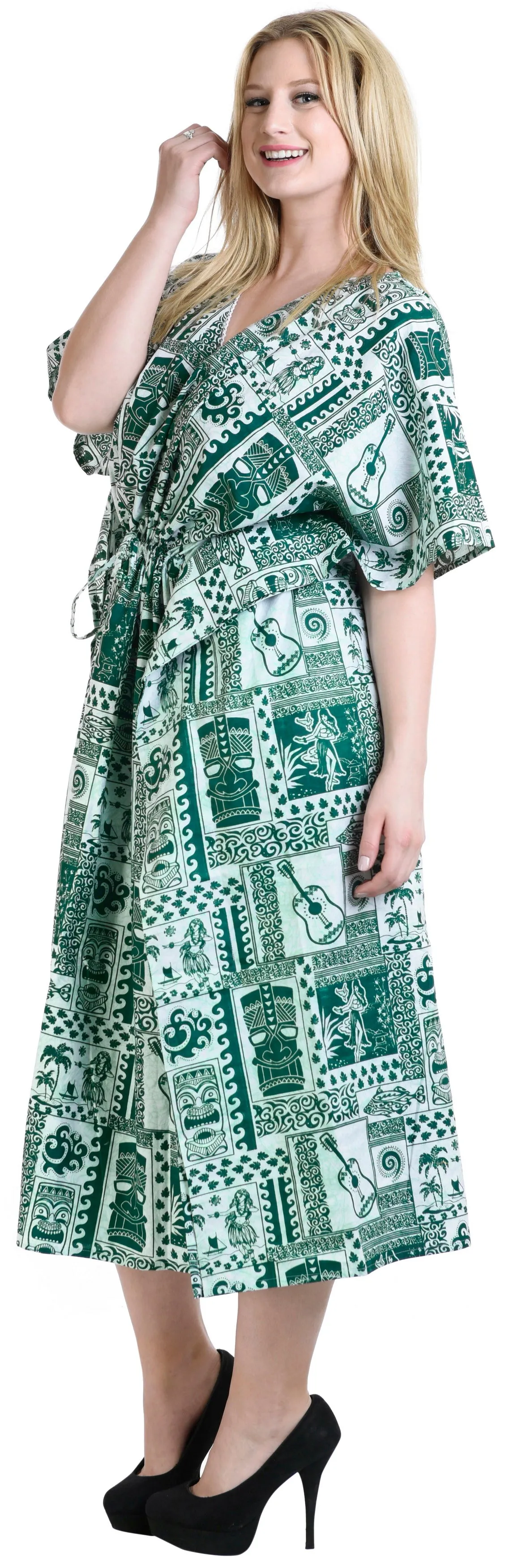 LA LEELA Lounge Caftan Likre Printed Resort Wear Kaftan Blouse Beach Dress Designer Cover ups Green_S287
