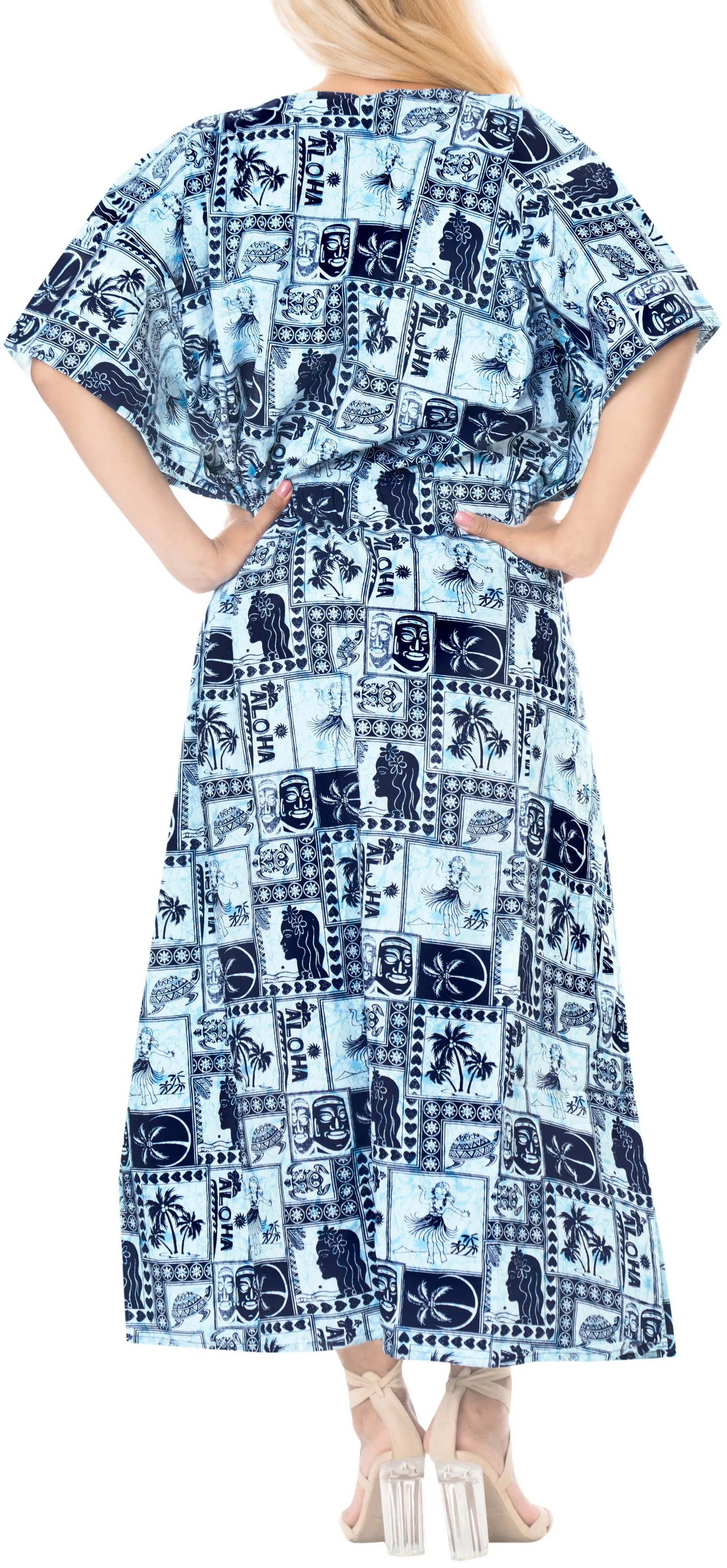 LA LEELA Lounge Cotton Printed Long Caftan Dress Women Navy Blue_577 OSFM 14-22W [L-3X]