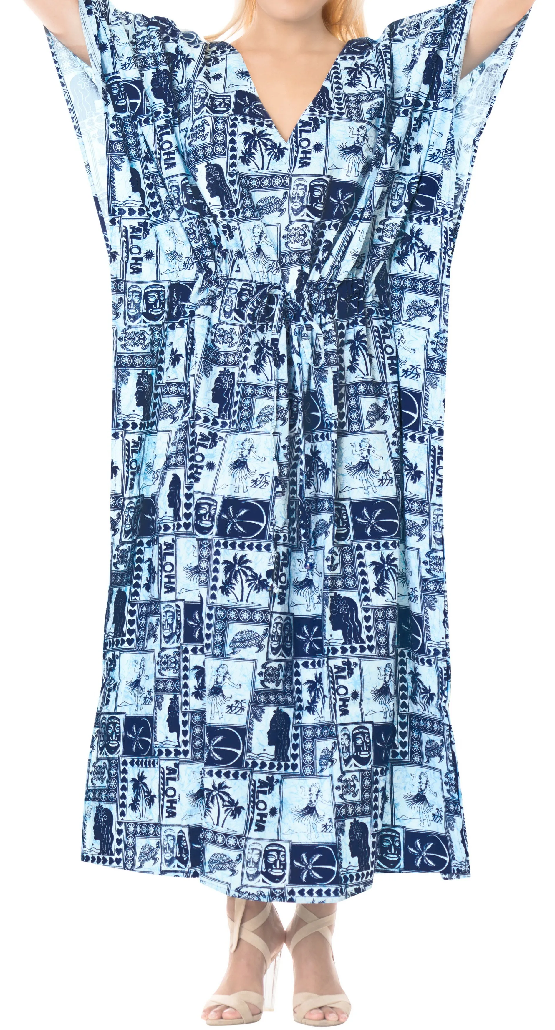 LA LEELA Lounge Cotton Printed Long Caftan Dress Women Navy Blue_577 OSFM 14-22W [L-3X]