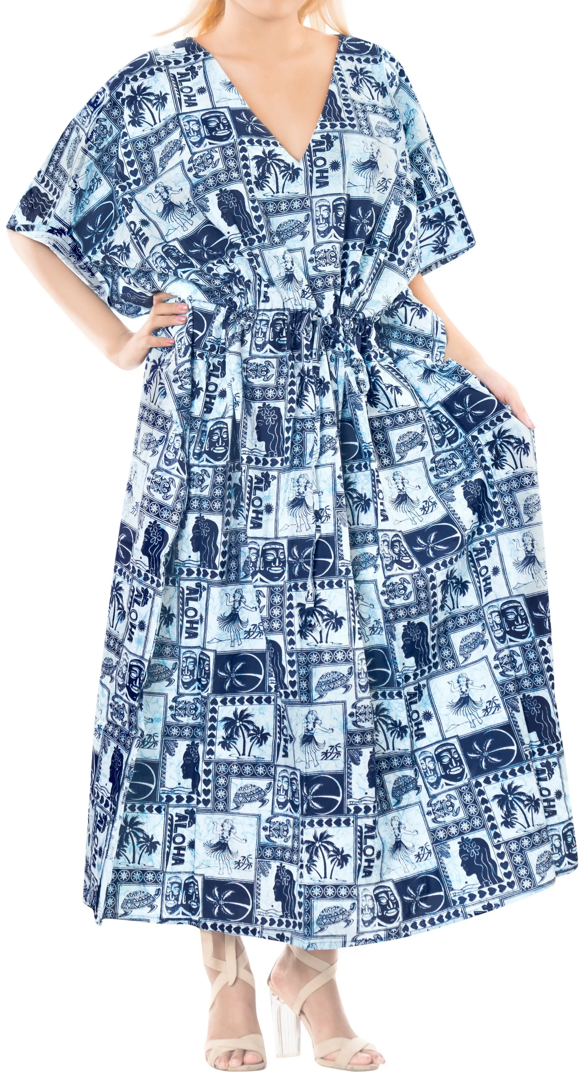 LA LEELA Lounge Cotton Printed Long Caftan Dress Women Navy Blue_577 OSFM 14-22W [L-3X]