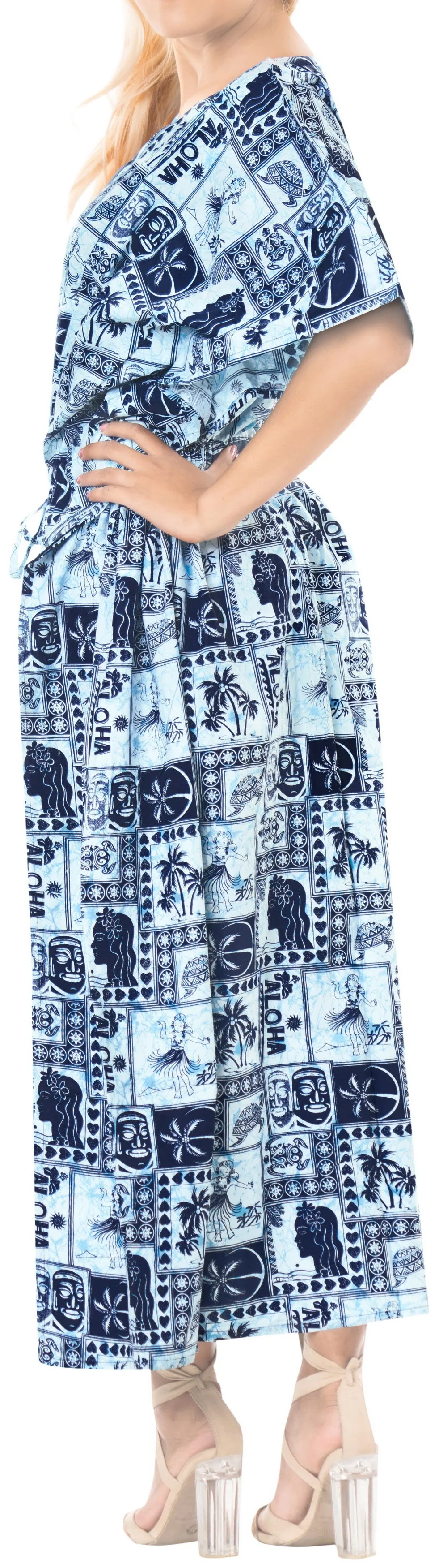 LA LEELA Lounge Cotton Printed Long Caftan Dress Women Navy Blue_577 OSFM 14-22W [L-3X]