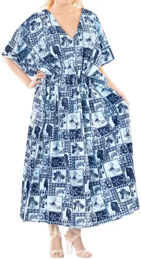 LA LEELA Lounge Cotton Printed Long Caftan Dress Women Navy Blue_577 OSFM 14-22W [L-3X]