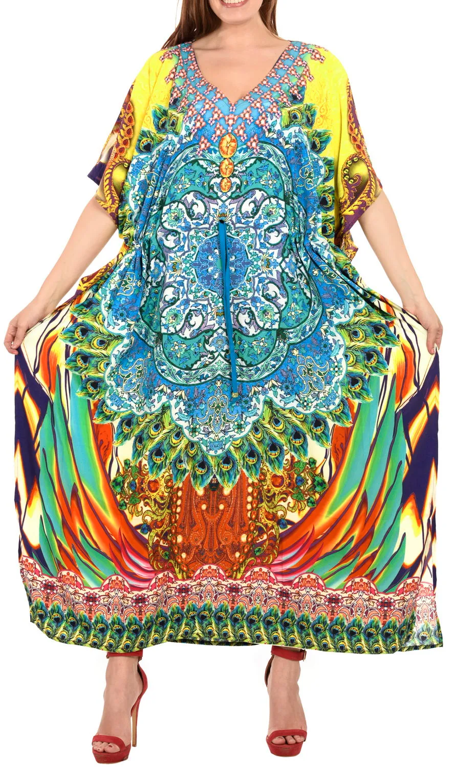 LA LEELA Lounge Likre Digital Long Caftan Dress Women Multicolor_742 OSFM 14-22W [L-3X]