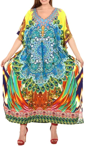 LA LEELA Lounge Likre Digital Long Caftan Dress Women Multicolor_742 OSFM 14-22W [L-3X]