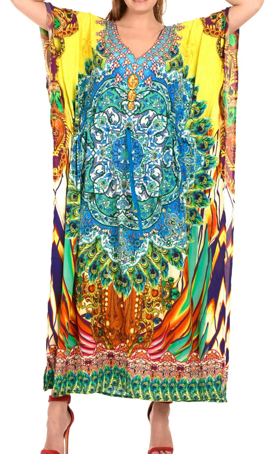 LA LEELA Lounge Likre Digital Long Caftan Dress Women Multicolor_742 OSFM 14-22W [L-3X]