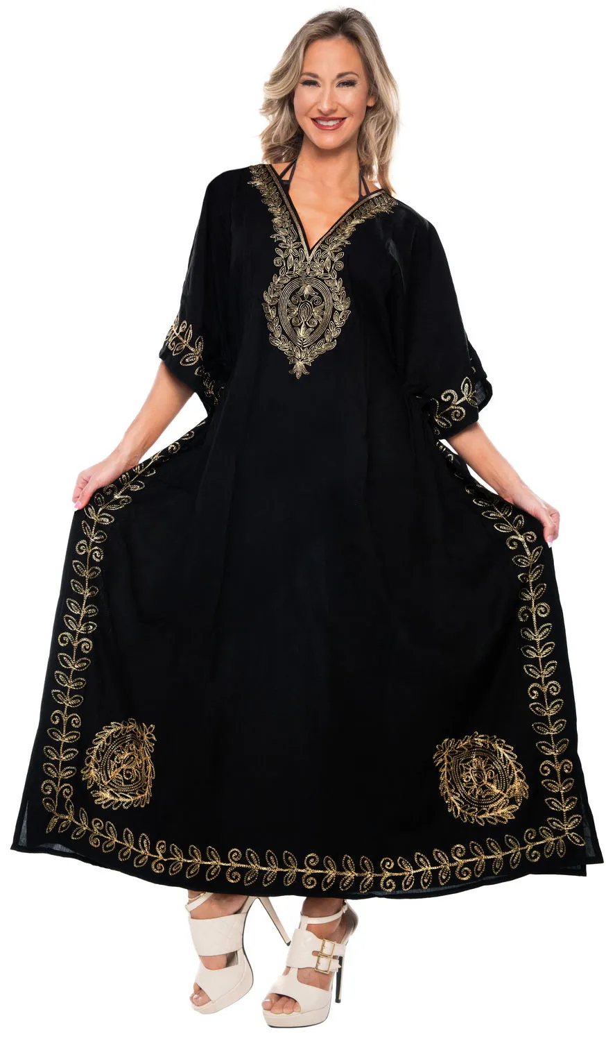 LA LEELA Lounge Rayon Solid Long Caftan Nightgown Women OSFM 14-18W [L- 2X] Halloween Black_L441