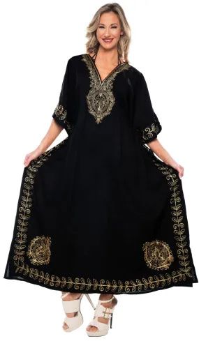LA LEELA Lounge Rayon Solid Long Caftan Nightgown Women OSFM 14-18W [L- 2X] Halloween Black_L441