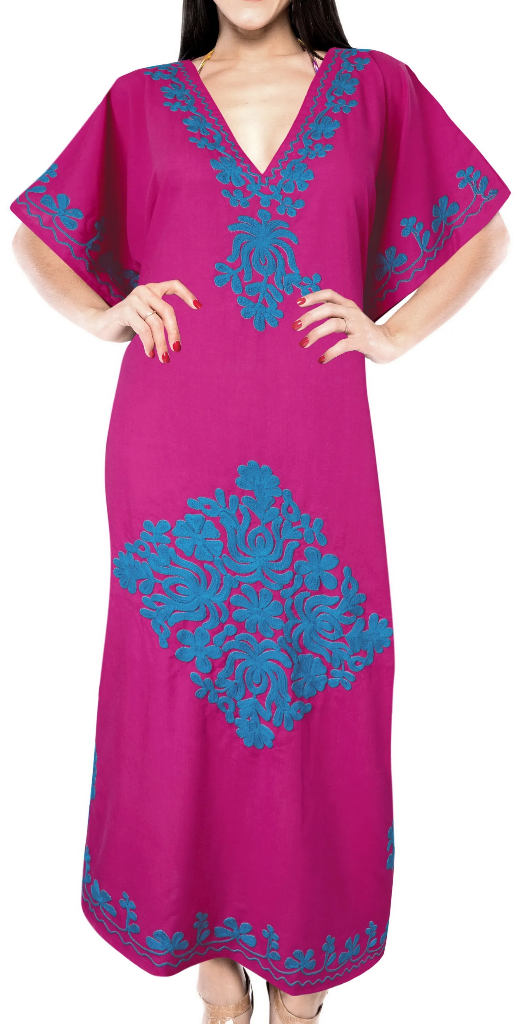LA LEELA Lounge Rayon Solid Long Caftan Nightgown Women OSFM 16-28W [XL- 4X] Pink_B456