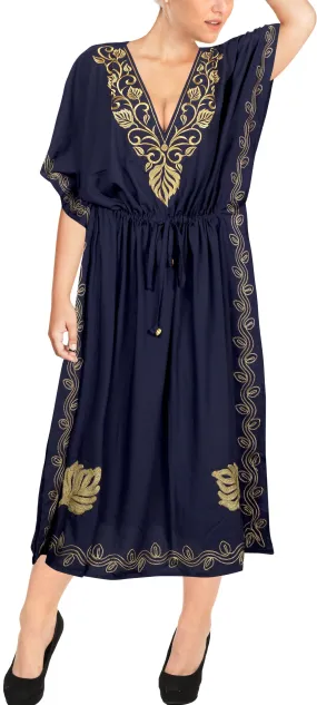 LA LEELA Lounge Rayon Solid Long Caftan Nightgown Women OSFM 16-32W [XL- 5X] Navy Blue_J812