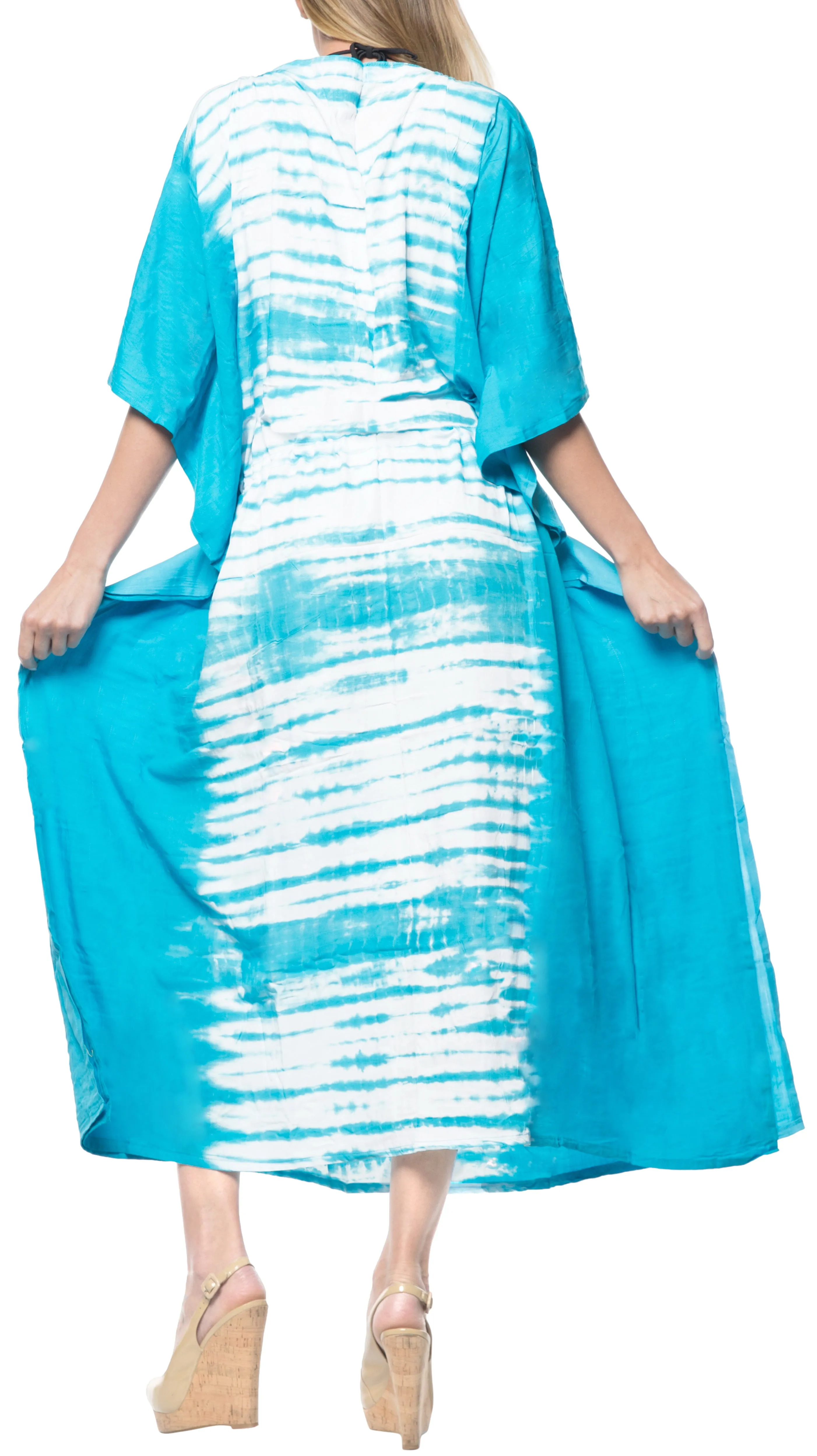 LA LEELA Lounge Rayon Tie_Dye Long Caftan Dress Women Blue_1385 OSFM 14-32W [L-5X]