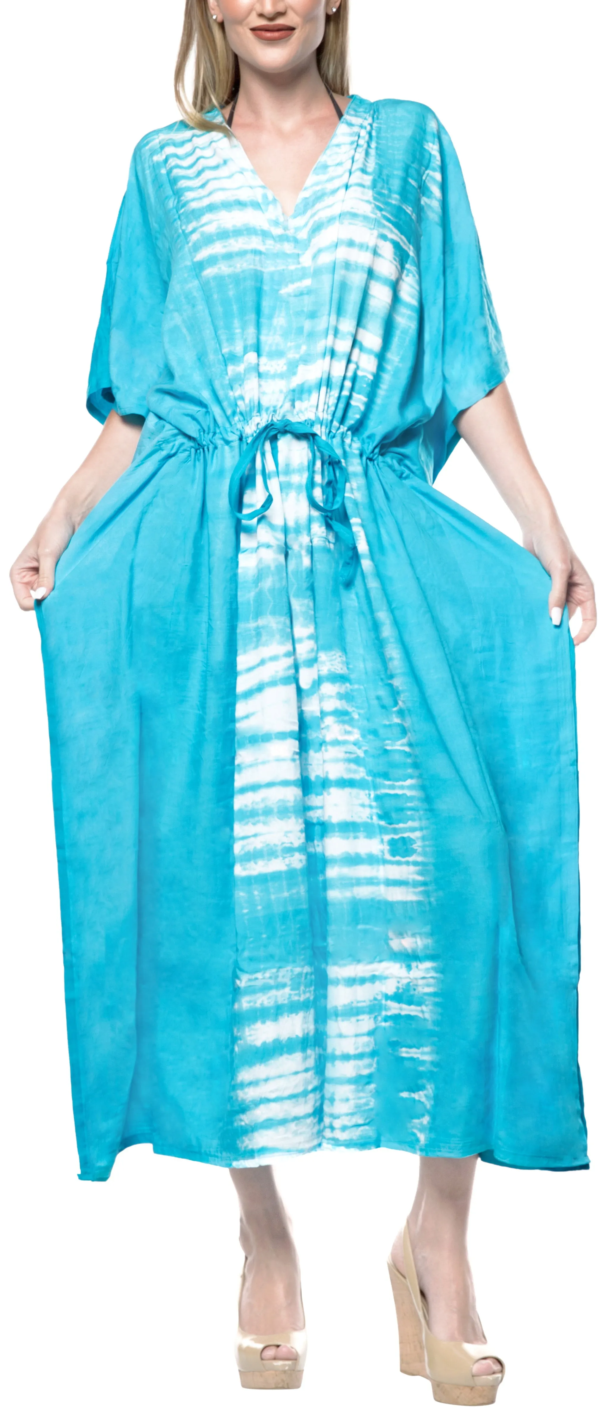 LA LEELA Lounge Rayon Tie_Dye Long Caftan Dress Women Blue_1385 OSFM 14-32W [L-5X]